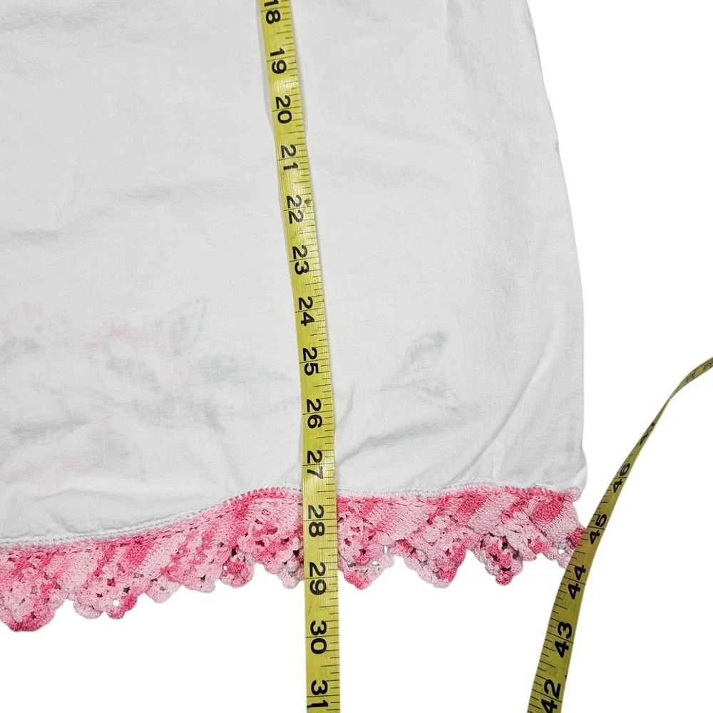 Vintage Handmade Embroidered Pillowcase‎ Set Pink Floral Crochet White Cottage